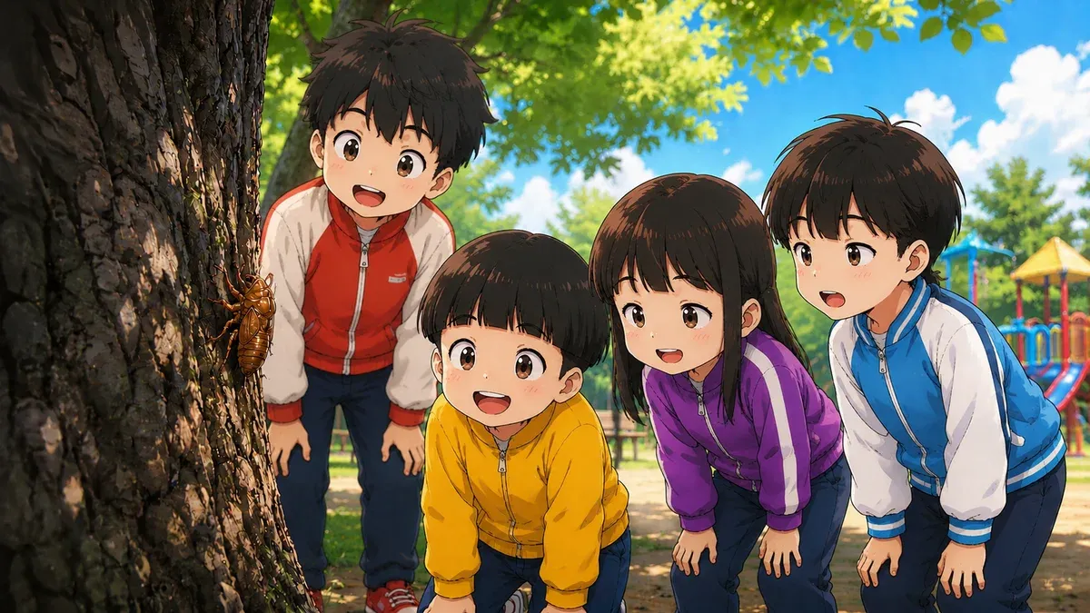公園の木の幹についたセミの抜け殻を、4人兄弟が興味津々でのぞきこんでいるイラスト